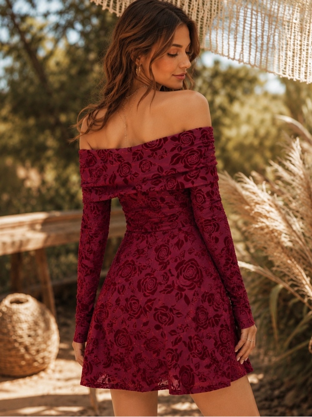 Vintage-Inspired Burgundy Velvet Rose Off Shoulder Mini Dress - Picture 2 of 7